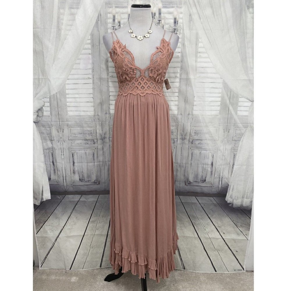 Free People Medium Crochet Lace Maxi Slip Dress Rose Pink Strappy Back Gauze NWT - Picture 4 of 13